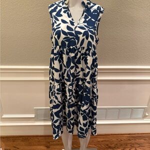Navy and White Leaf Print Midi Dress
